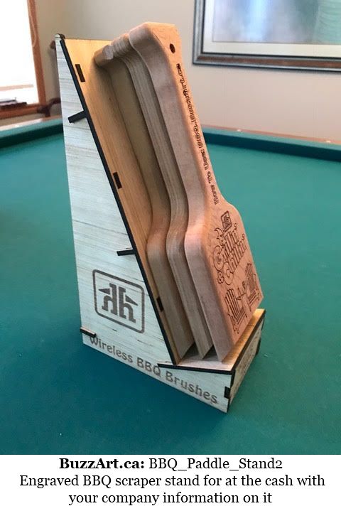 Engraved BBQ scraper stand for at the cash with your company information on it